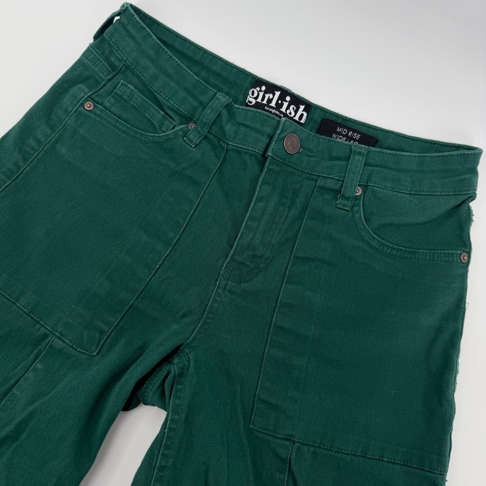 Girl-ish Cargo Pants Women 3/26 Hunter Green Mid Rise Wide Leg GJ24747D28B